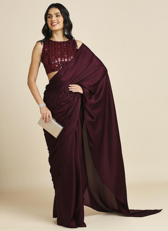 Soft Silk Wine Party Wear Sequins Work Saree